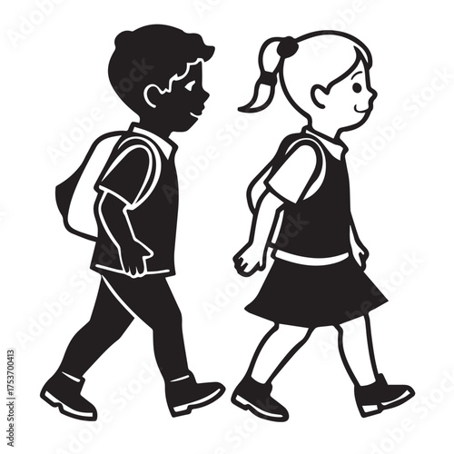 Two children, a boy and a girl, are walking to school with their backpacks isolated on white background the boy has dark skin and the girl has light skin, both are wearing school uniforms