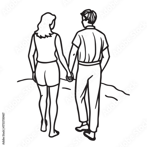 A couple is walking hand in hand on a beach isolated on white background the woman is wearing shorts and a top, while the man is in pants and a shirt, enjoying a romantic stroll