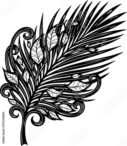 Delicate frond with leaves swirling in an artistic botanical design, a touch of nature's elegance in detailed monochrome, originally a scalable vector graphic