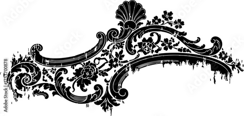 Elegant floral flourish design element, perfect for vintage invitations and decorative accents, add a touch of classic beauty with this distressed black art
