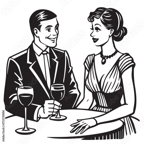 A couple is enjoying a romantic evening with wine, isolated on white background the man is wearing a suit and the woman is wearing a dress they are both smiling and looking at each other