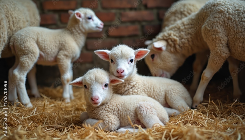 Obraz premium Adorable newborn lambs huddled together in a barn. Fluffy white baby sheep resting on hay. Cute farm animals. Agricultural scene showcasing spring season. Farming life concept in UK.