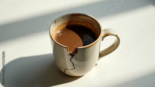 Cracked mug of coffee in sunlight
