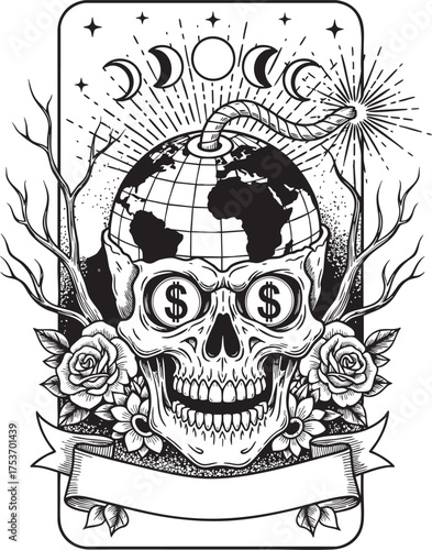 Skull Earth Vector with Dollar Signs and Occult Floral Design