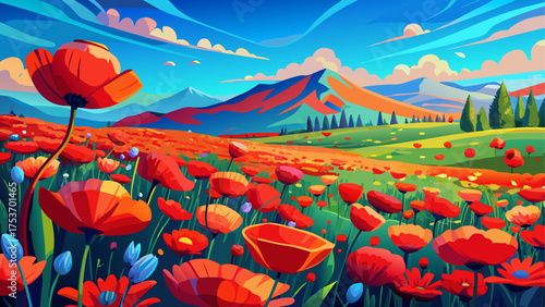 Very beautiful field of blooming red poppies near Mount Olive, North Carolina, USA, under a bright blue sky, creating a vibrant and peaceful rural summer landscape full of color and warmth.