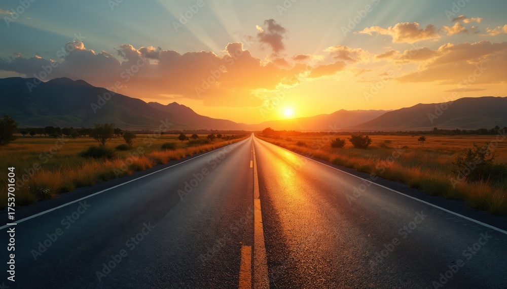 Fototapeta premium Empty asphalt road stretches toward horizon at sunset with mountains. Golden sun rays pierce clouds over green fields and distant hills. Wide open sky.