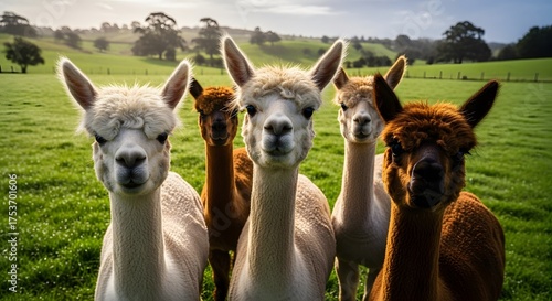 Adorable group of alpacas curiously gazing in a lush green field, perfect for heartwarming animal-themed projects and promoting eco-friendly lifestyles