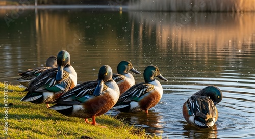 Graceful ducks gathering at a serene pond's edge, basking in the warm golden light of a tranquil evening nature scene with vibrant plumage