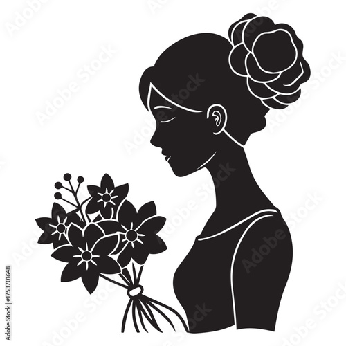 Woman in silhouette holding and smelling bouquet of flowers, eyes closed vector 