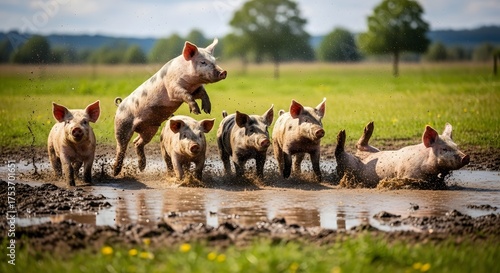 Joyful pigs playfully splashing and rolling in muddy puddle on sunny farm, embodying carefree summer fun and a happy, rural lifestyle