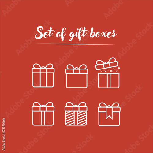 Set of white line icons depicting gift boxes on bold red background, conveying celebration, present giving, and festive vibes suitable for holiday packaging, branding, and birthday. Vector