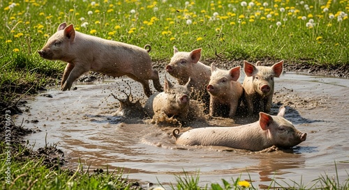 Playful piglets splashing in muddy puddle on sunny day, evoking joy and rural charm with their carefree antics in a wildflower meadow