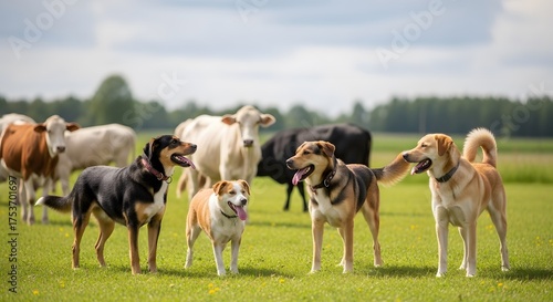 Happy dogs enjoying a sunny day on the farm with grazing cattle creating a peaceful rural scene perfect for advertising pet products