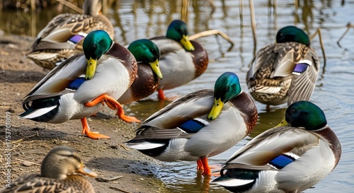 Vibrant flock of mallard ducks preening feathers near the water's edge, a delightful wildlife scene perfect for nature lovers and conservation campaigns