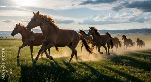 Majestic herd of horses galloping freely across sunlit plains, powerful and untamed, evoking freedom and adventure in the great outdoors, a truly wild spirit