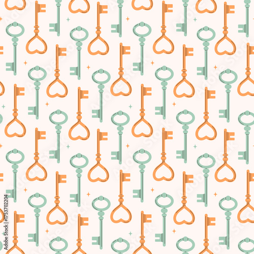 Seamless pattern with orange and mint heart keys and small stars. Romantic festive vector background for Valentine’s Day, wrapping, wedding, and holiday decor.
