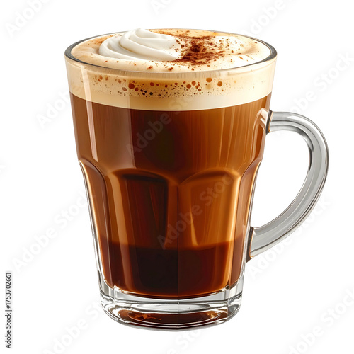 Frothy coffee drink in a clear glass mug with handle, whipped cream, and cocoa dusting