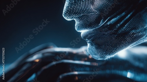 Close up of futuristic digital face with technology interface elements