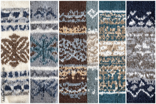 Set of knitted fair isle patterns traditional Nordic designs in various colors perfect for textile and winter wear applications