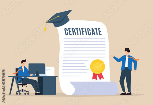 Candidate presenting certificate to recruiter certifying excellence recognizing top talent official recognition achievements