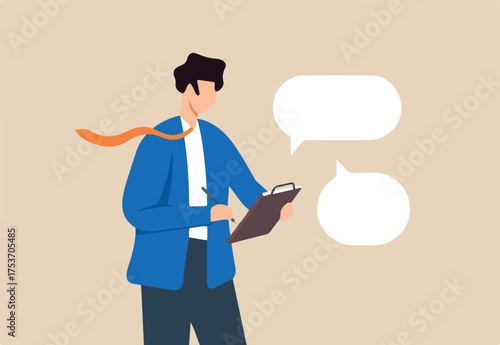 Confident businessman takes notes during meeting while listening to information from others. Concept of note taking or minutes of meeting, capturing key points, conclusions, or summaries