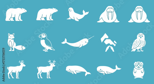 Collection of arctic animal icons minimalist flat vector illustration isolated on a blue background