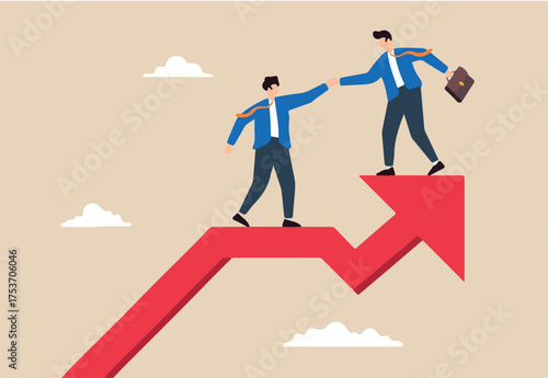 Flat illustration of business mentor help coworker climb growth arrow chart offering guidance leadership and career advice for improve success