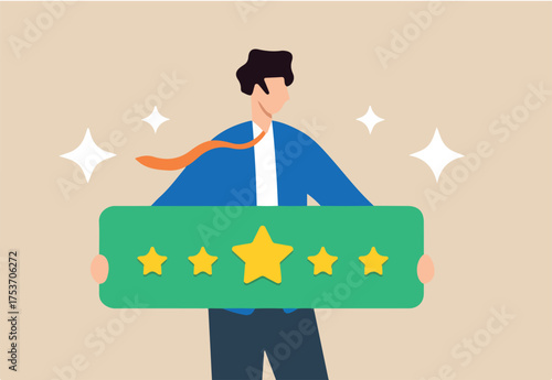 Flat illustration of adult customer holds 5 stars rating representing positive client feedback and customer satisfaction