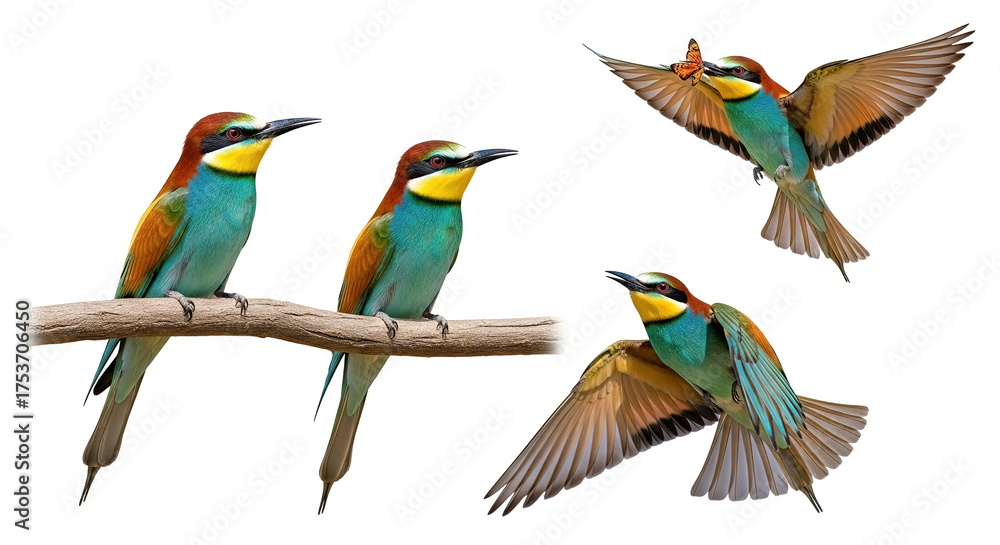 Obraz premium Brightly colored European Bee-eaters (Merops apiaster) in different poses. One is holding a butterfly, isolated against a white background.