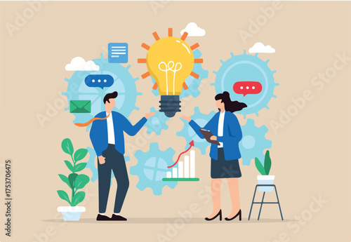 Exploring new business model innovation, adapting to changing markets concept vector illustration with team analysts brainstorming strategies