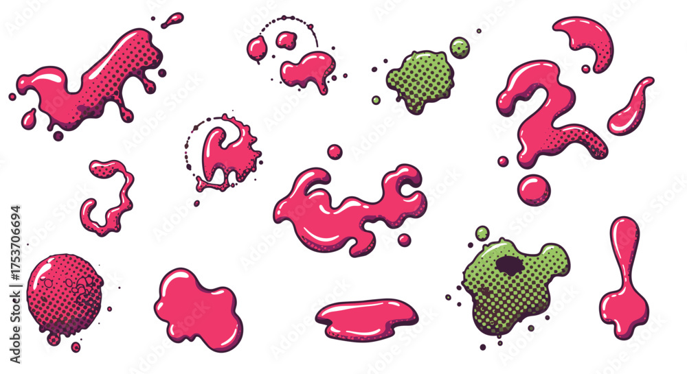 Fototapeta premium Colorful slime splash icon set in pink and green for game UI design