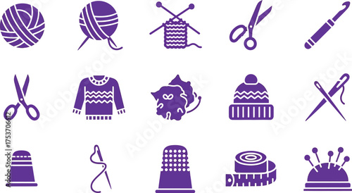 Set of knitting and sewing icons simple glyph vector design elements for hobby and craft projects isolated on white background