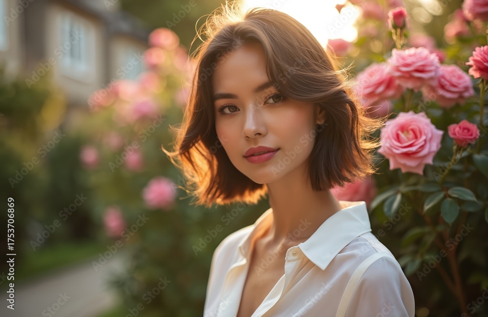 Naklejka premium Elegant woman poses near roses. Pretty girl wears white blouse in garden. Sunny day portrait features brunette lady with bob coiffure. Fashionable person attractive in flowers outdoor. Summer vibes.