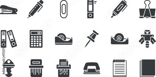 Office supply icon set featuring stationery and equipment simple flat vector design for business and education