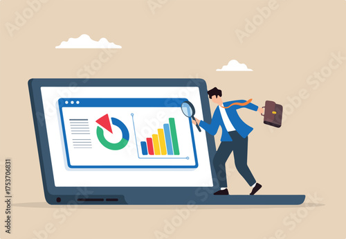 Flat illustration of businessman analyze data on laptop with magnifying glass symbolizing market research and SEO analytic
