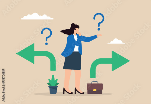 Flat illustration of businesswoman contemplates tough decisions about career path considering options and outcomes