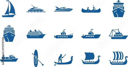 Set of boat icons various watercraft types in simple flat vector design isolated on white background