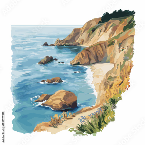 Big Sur Coastline. Big Sur Coastline hand drawn watercolor illustration