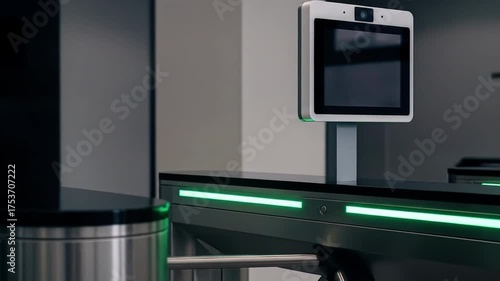 An automated turnstile with a facial recognition system guards access Modern architecture blends security tech with sleek gray tones in this indoor setting