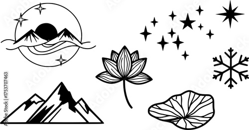 Vector illustration of nature elements mountains stars lotus leaf snowflake isolated black and white art editable stock vector illustration
