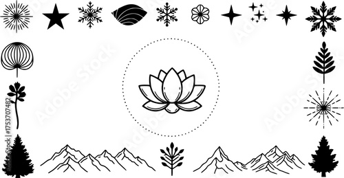 Vector illustration of nature elements mountains stars lotus leaf snowflake isolated black and white art editable stock vector illustration
