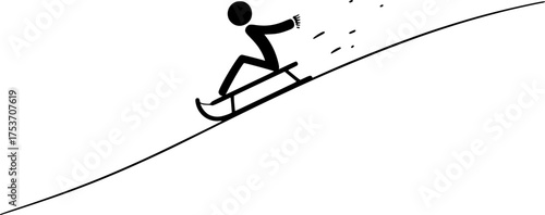 Skeleton riding a sled in black and white line art illustration - stock vector
