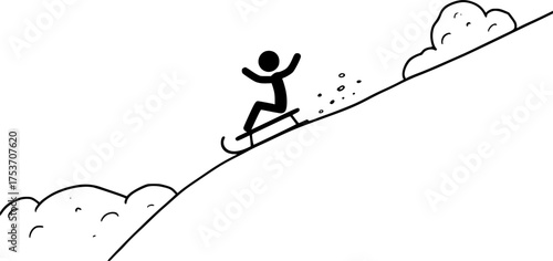 Skeleton riding a sled in black and white line art illustration - stock vector
