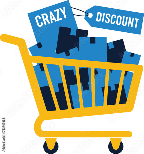 Yellow shopping cart overflowing with blue boxes and "Crazy Discount" tags, symbolizing big sale offers.