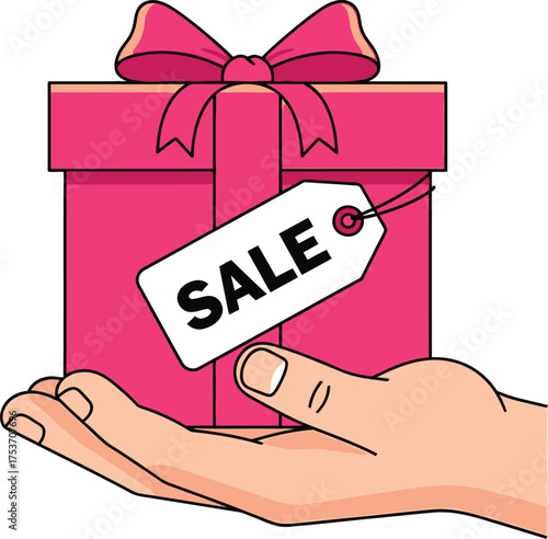 Hand holding a pink gift box with a sale tag, celebrating special offers and discounts