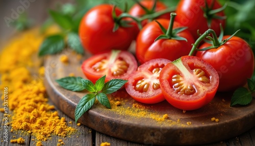 Fresh ripe tomatoes with green sprigs on wooden board. Half-cut tomatoes exhibit juicy flesh. Culinary ingredients for healthy food preparation on rustic table.