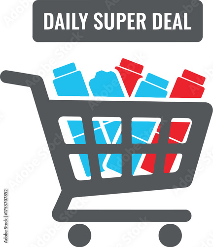 Shopping cart overflowing with products, announcing a daily super deal for enthusiastic shoppers.