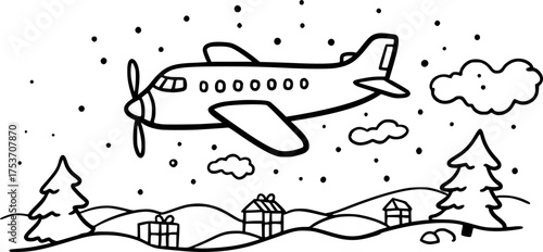 Black and white airplane doodle in sky with snowy elements - stock vector
