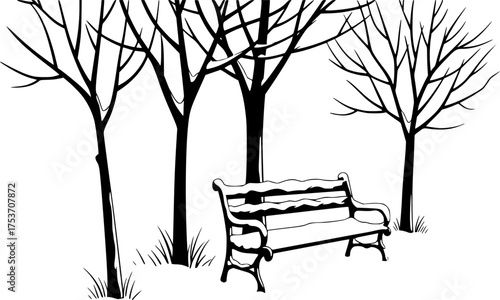 Simple line drawing of snow-covered wooden bench - stock vector
