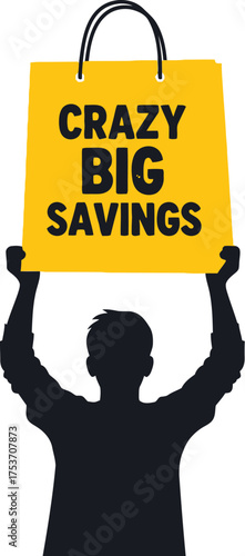 Excited silhouette holding a giant yellow shopping bag with sale savings message